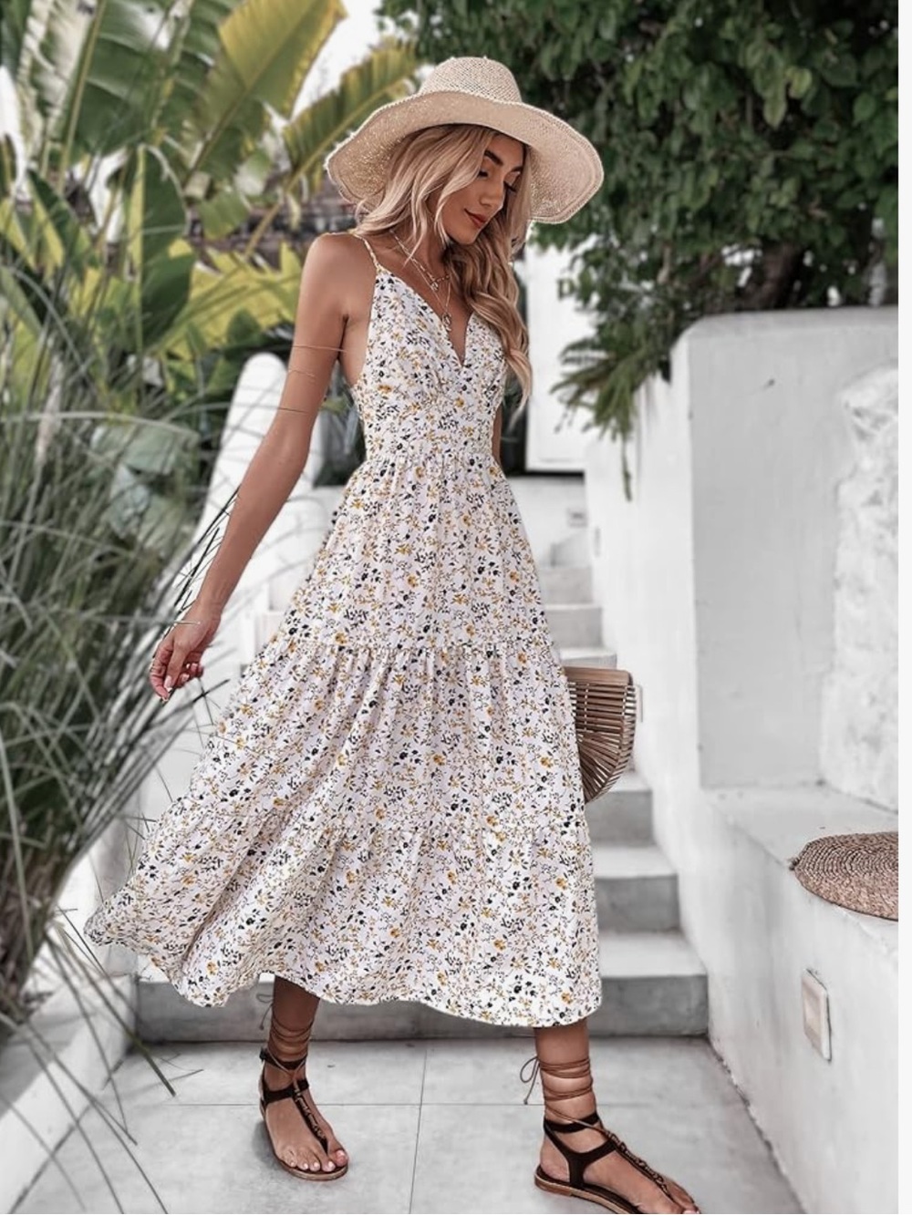 ☀️Ditsy Floral Print Tie Backless
Ruffle Hem Long Cami Dress ☀️